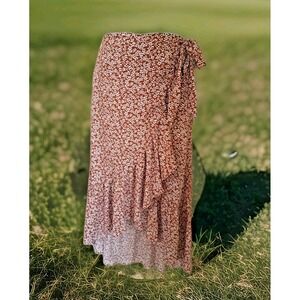 Lulu's Wrap Maxi Skirt L Brown Mini Floral Hi Lo Hem Lined Ruffled Spandex NWT